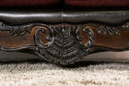 SM6415 2 pc Quirino burgundy dark brown traditional sofa and love seat set with carved wood accents