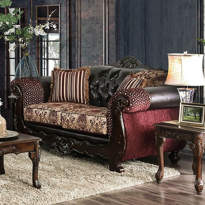 SM6415 2 pc Quirino burgundy dark brown traditional sofa and love seat set with carved wood accents