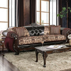 SM6415 2 pc Quirino burgundy dark brown traditional sofa and love seat set with carved wood accents