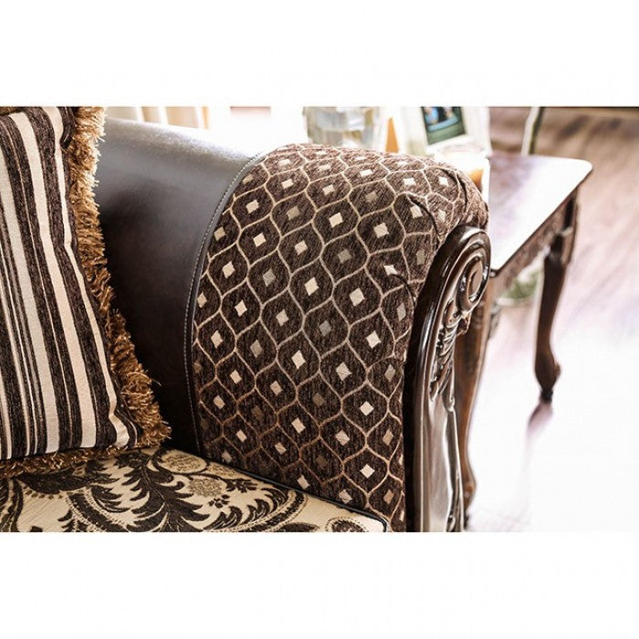 SM6416 2 pc Quirino light brown dark brown traditional sofa and love seat set with carved wood accents
