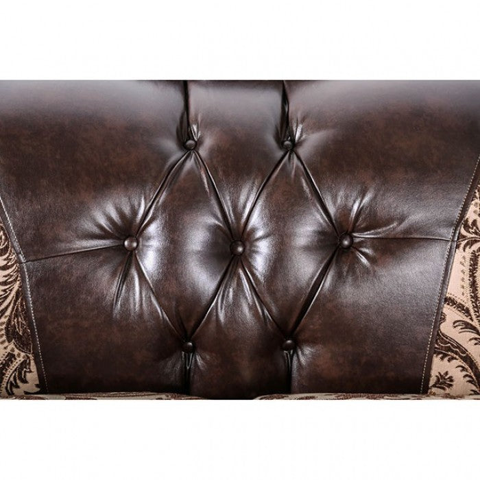 SM6416 2 pc Quirino light brown dark brown traditional sofa and love seat set with carved wood accents