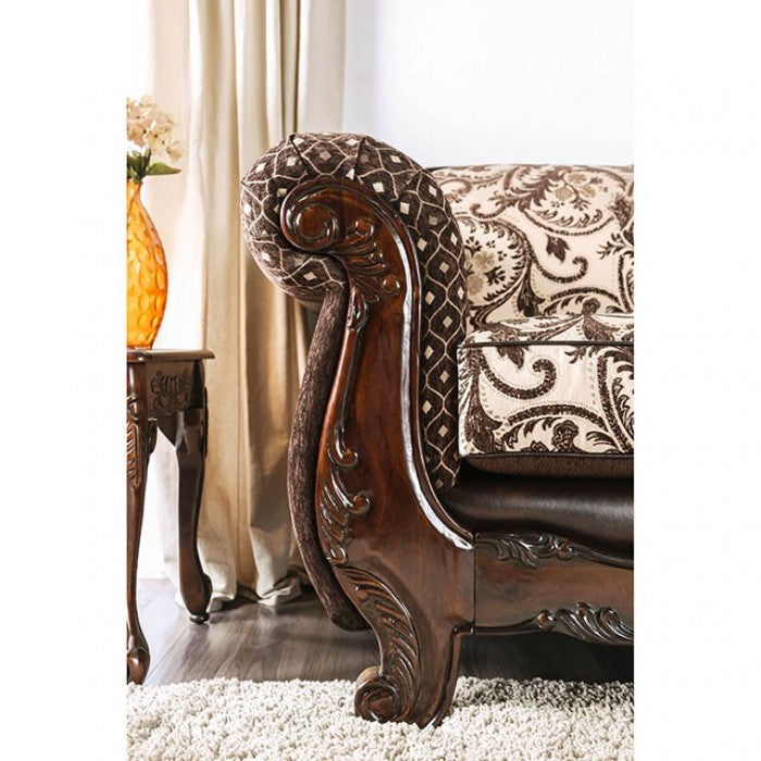 SM6416 2 pc Quirino light brown dark brown traditional sofa and love seat set with carved wood accents