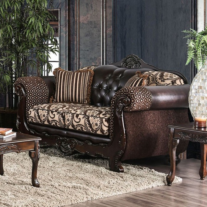SM6416 2 pc Quirino light brown dark brown traditional sofa and love seat set with carved wood accents