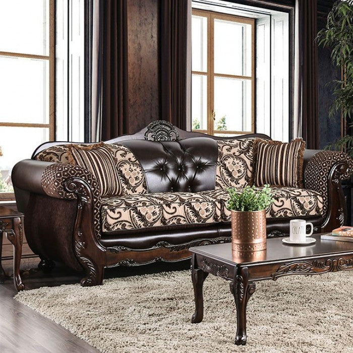 SM6416 2 pc Quirino light brown dark brown traditional sofa and love seat set with carved wood accents