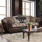 SM6416 2 pc Quirino light brown dark brown traditional sofa and love seat set with carved wood accents