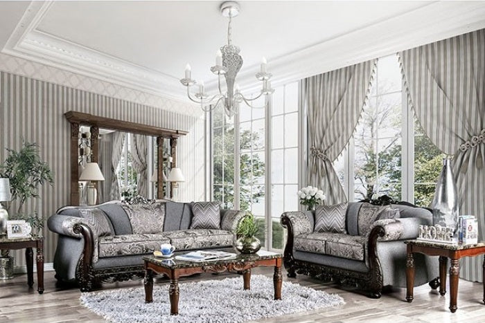 SM6424 2 pc Rosdorf park newdale gray chenille dark walnut wood trim traditional sofa and love seat set