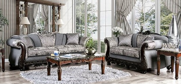 SM6424 2 pc Rosdorf park newdale gray chenille dark walnut wood trim traditional sofa and love seat set
