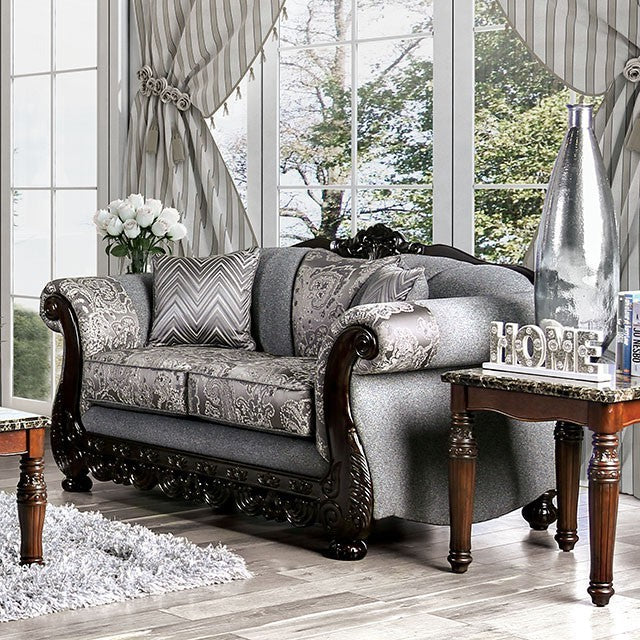 SM6424 2 pc Rosdorf park newdale gray chenille dark walnut wood trim traditional sofa and love seat set