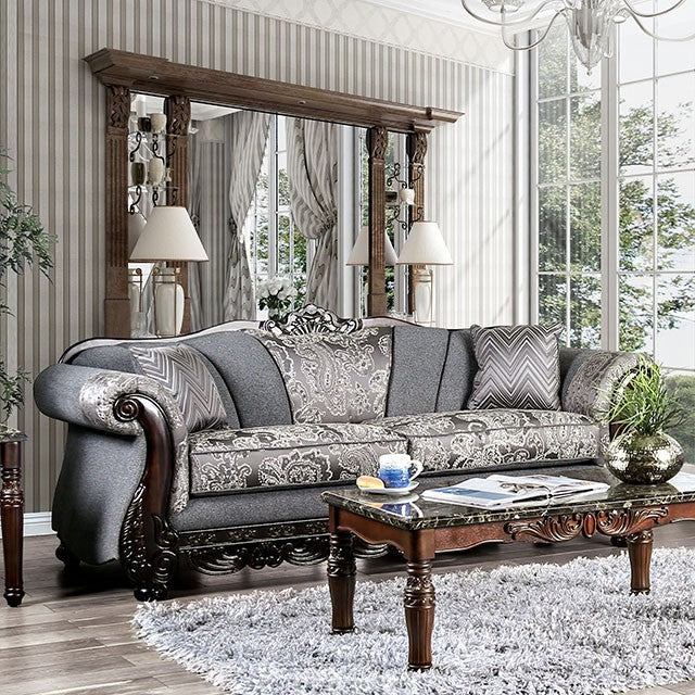 SM6424 2 pc Rosdorf park newdale gray chenille dark walnut wood trim traditional sofa and love seat set