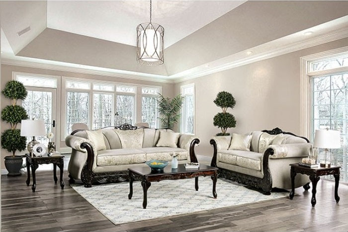 SM6425 2 pc Rosdorf park newdale ivory chenille dark walnut wood trim traditional sofa and love seat set