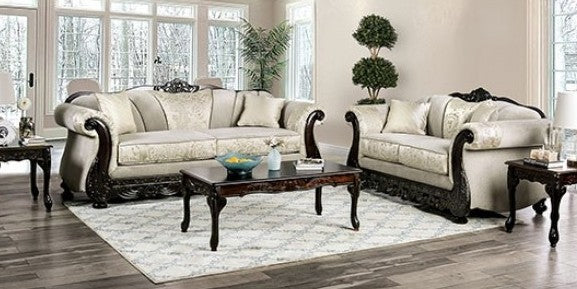 SM6425 2 pc Rosdorf park newdale ivory chenille dark walnut wood trim traditional sofa and love seat set