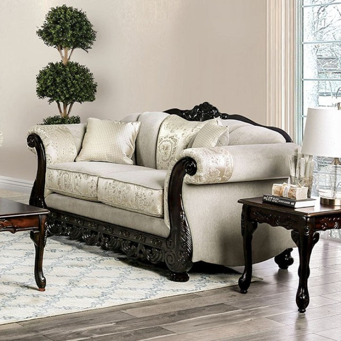 SM6425 2 pc Rosdorf park newdale ivory chenille dark walnut wood trim traditional sofa and love seat set