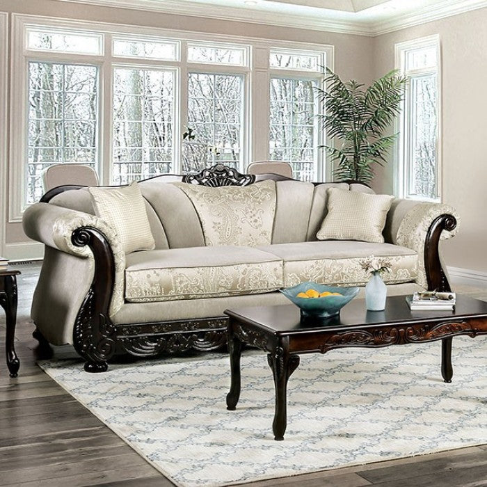 SM6425 2 pc Rosdorf park newdale ivory chenille dark walnut wood trim traditional sofa and love seat set