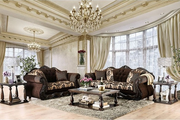 SM6431 2 pc Ronja dark brown damask print fabric carved wood trim traditional sofa and love seat set