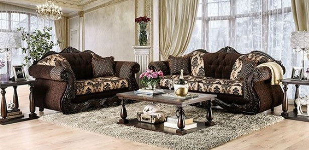 SM6431 2 pc Ronja dark brown damask print fabric carved wood trim traditional sofa and love seat set