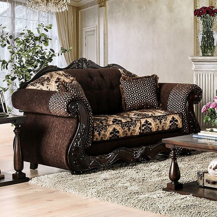 SM6431 2 pc Ronja dark brown damask print fabric carved wood trim traditional sofa and love seat set