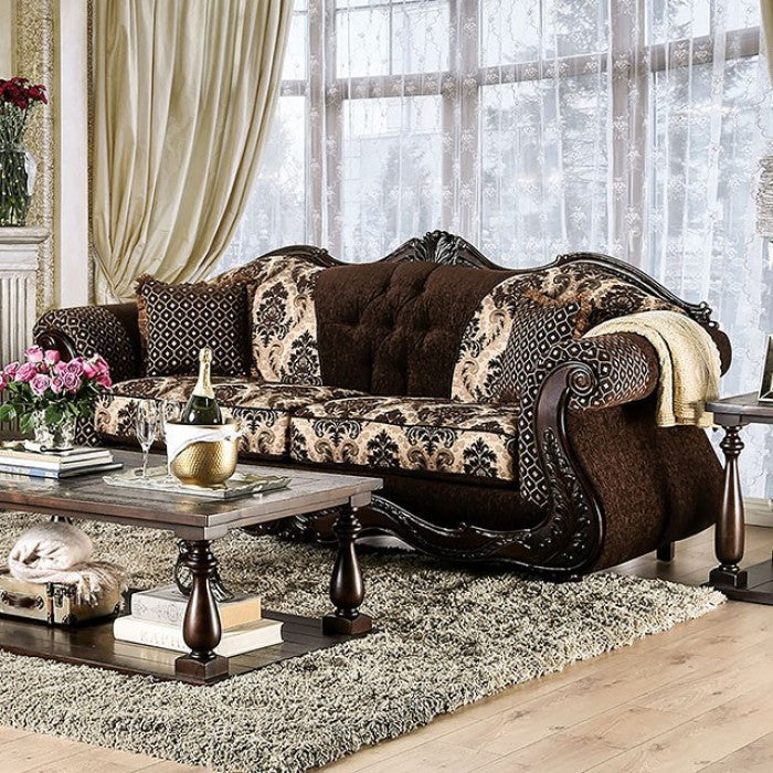 SM6431 2 pc Ronja dark brown damask print fabric carved wood trim traditional sofa and love seat set