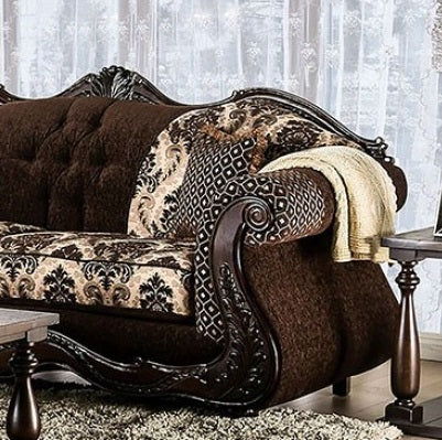 SM6431 2 pc Ronja dark brown damask print fabric carved wood trim traditional sofa and love seat set