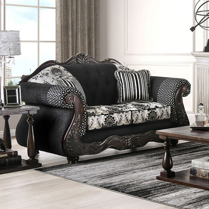 SM6432 2 pc Ronja dark black damask print fabric carved wood trim traditional sofa and love seat set