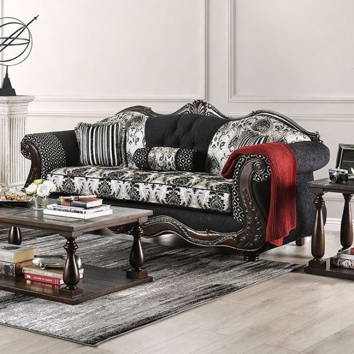 SM6432 2 pc Ronja dark black damask print fabric carved wood trim traditional sofa and love seat set