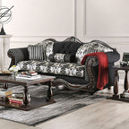 SM6432 2 pc Ronja dark black damask print fabric carved wood trim traditional sofa and love seat set