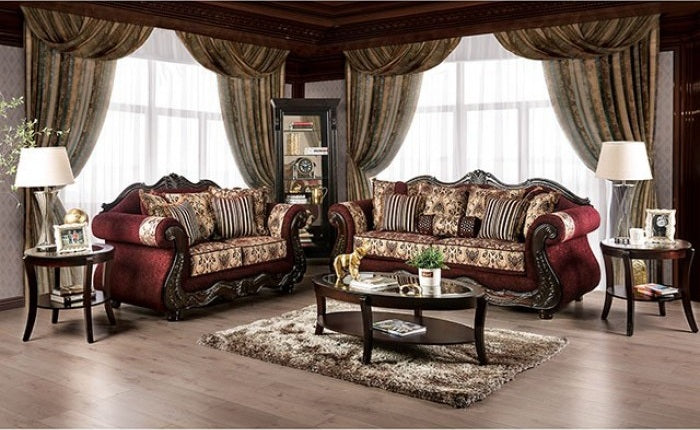SM6433 2 pc Matteo burgundy chenille dark walnut wood trim traditional sofa and love seat set