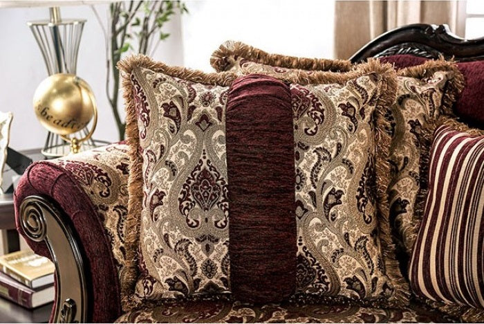 SM6433  Sofa 0nly Matteo burgundy chenille dark walnut wood trim traditional sofa