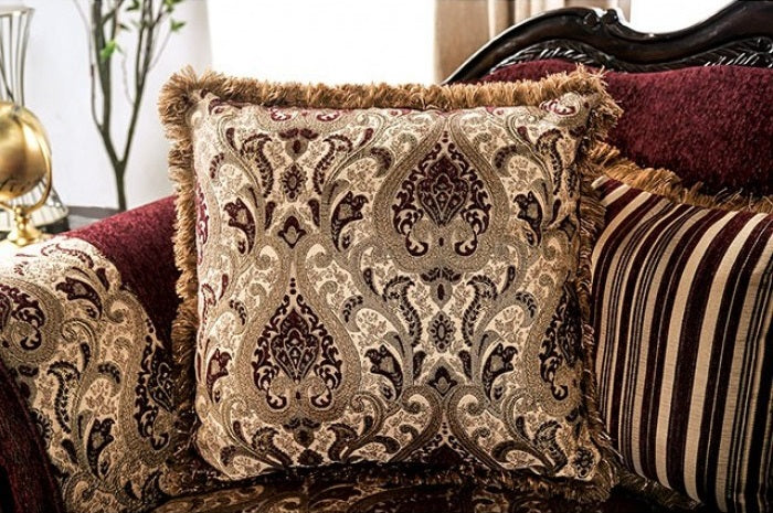 SM6433  Sofa 0nly Matteo burgundy chenille dark walnut wood trim traditional sofa