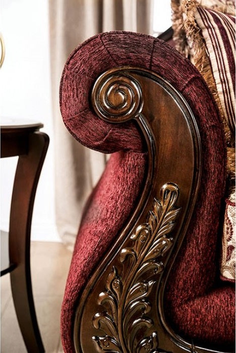 SM6433  Sofa 0nly Matteo burgundy chenille dark walnut wood trim traditional sofa