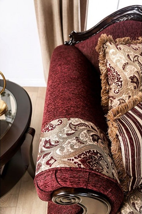 SM6433  Sofa 0nly Matteo burgundy chenille dark walnut wood trim traditional sofa