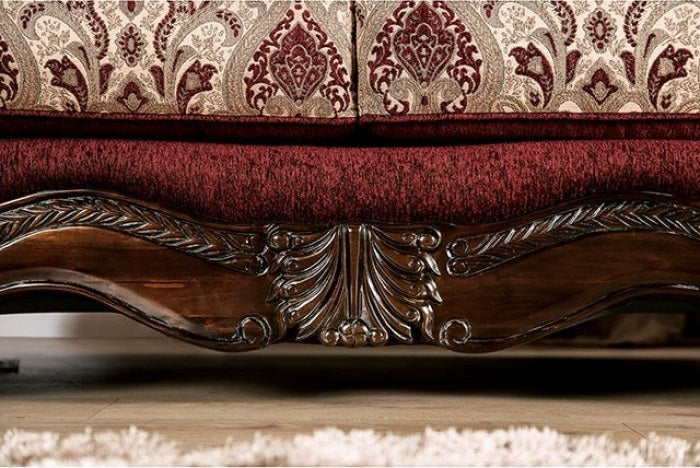 SM6433  Sofa 0nly Matteo burgundy chenille dark walnut wood trim traditional sofa