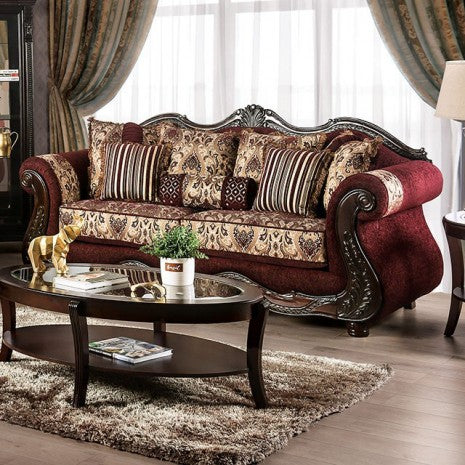 SM6433  Sofa 0nly Matteo burgundy chenille dark walnut wood trim traditional sofa