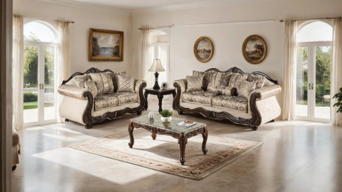SM6450 2 pc Andalusia light brown fabric dark cherry wood trim traditional sofa and love seat set