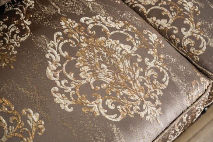 SM6450 2 pc Andalusia light brown fabric dark cherry wood trim traditional sofa and love seat set