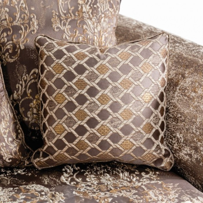 SM6450 2 pc Andalusia light brown fabric dark cherry wood trim traditional sofa and love seat set