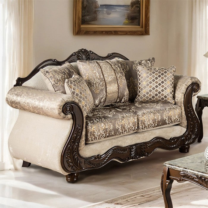 SM6450 2 pc Andalusia light brown fabric dark cherry wood trim traditional sofa and love seat set