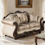 SM6450 2 pc Andalusia light brown fabric dark cherry wood trim traditional sofa and love seat set