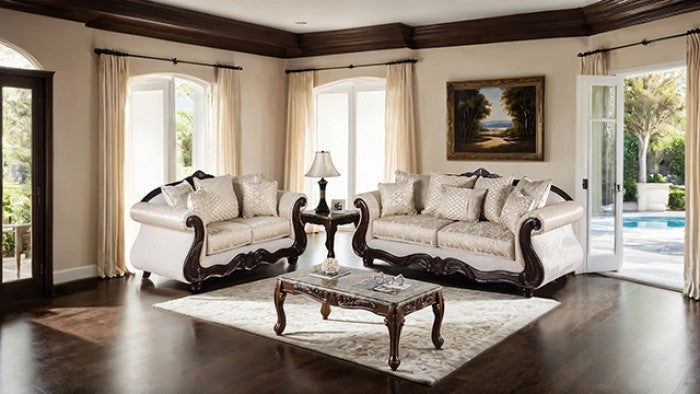 SM6452 2 pc Huelva beige fabric dark cherry wood trim traditional sofa and love seat set