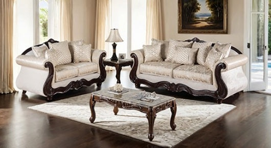 SM6452 2 pc Huelva beige fabric dark cherry wood trim traditional sofa and love seat set