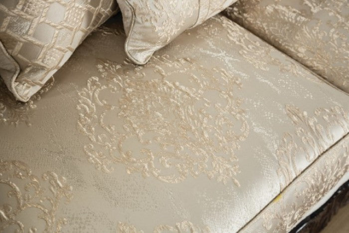 SM6452 2 pc Huelva beige fabric dark cherry wood trim traditional sofa and love seat set