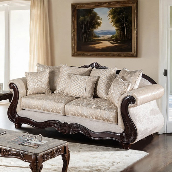 SM6452 2 pc Huelva beige fabric dark cherry wood trim traditional sofa and love seat set