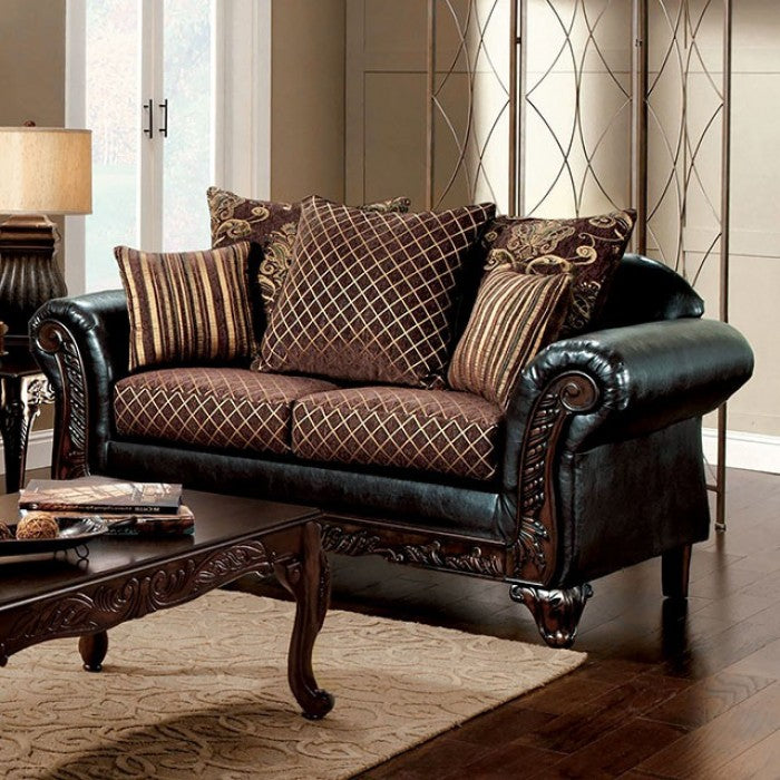 SM7635 2 pc san roque two tone gold brown fabric espresso leatherette traditional sofa and love seat set