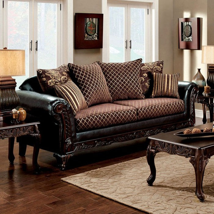 SM7635 2 pc san roque two tone gold brown fabric espresso leatherette traditional sofa and love seat set