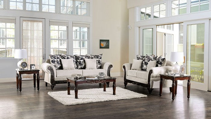 SM7756 2 pc Cassani light gray chenille fabric walnut wood trim traditional sofa and love seat set