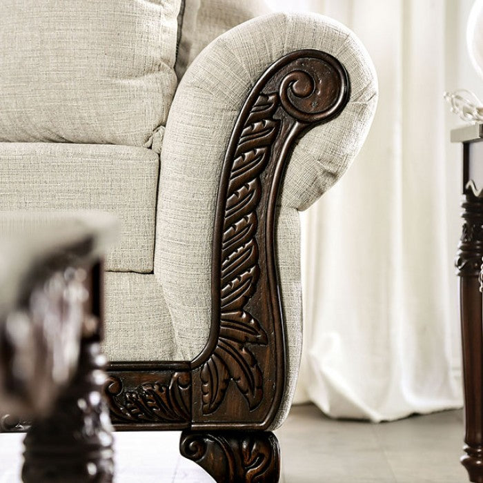 SM7756 2 pc Cassani light gray chenille fabric walnut wood trim traditional sofa and love seat set