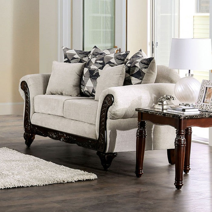 SM7756 2 pc Cassani light gray chenille fabric walnut wood trim traditional sofa and love seat set