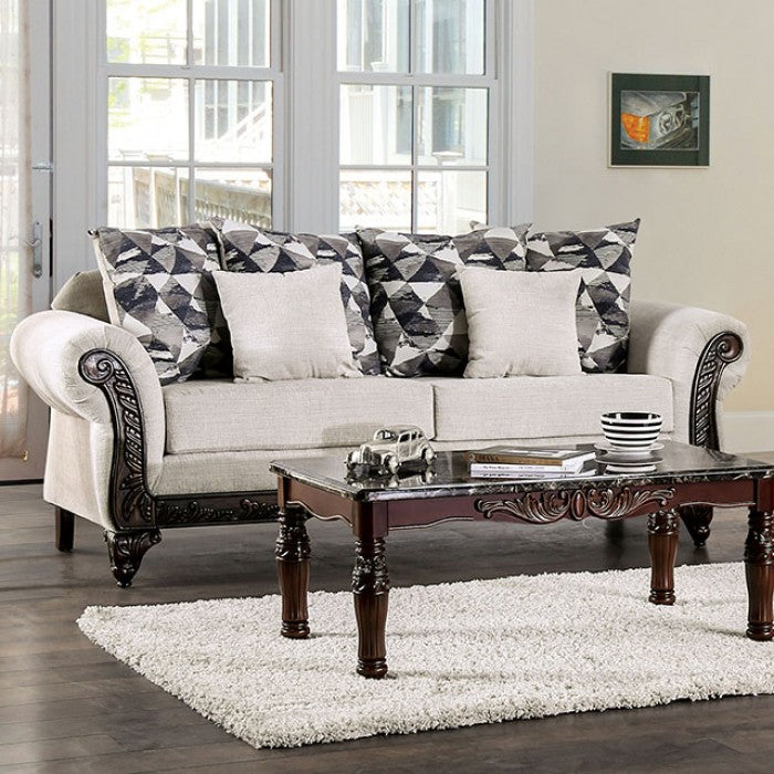 SM7756 2 pc Cassani light gray chenille fabric walnut wood trim traditional sofa and love seat set