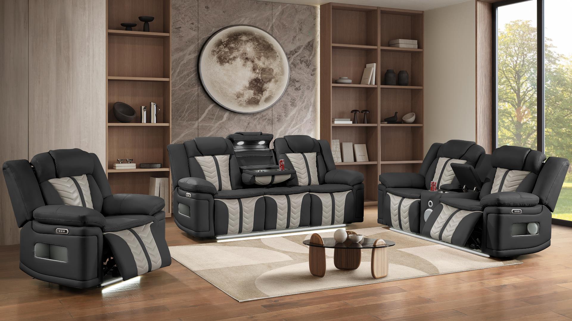 2 pc Cruiser black / grey faux leather power motion sofa and love seat with massagers , wireless charging, LEDS , cup holders