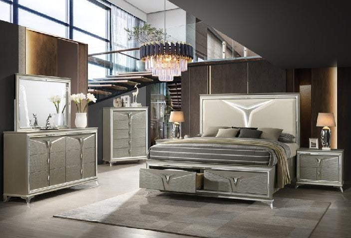Sunset Champagne Gold Finish LED Lighting Faux Leather Headboard Queen Bedroom Set – Sunset-4PC