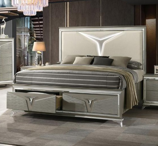 Casa Blanca Sunset Champagne Gold Wood Finish Fabric Headboard LED Lighting Queen Bedroom Set – Sunset-4PC